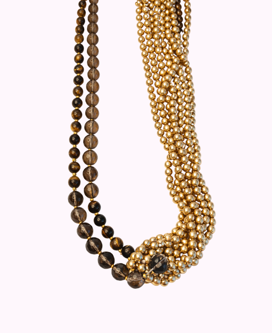 Collana Lunga Intrecciata con Occhio di Tigre, Cristalli ed Ematite
