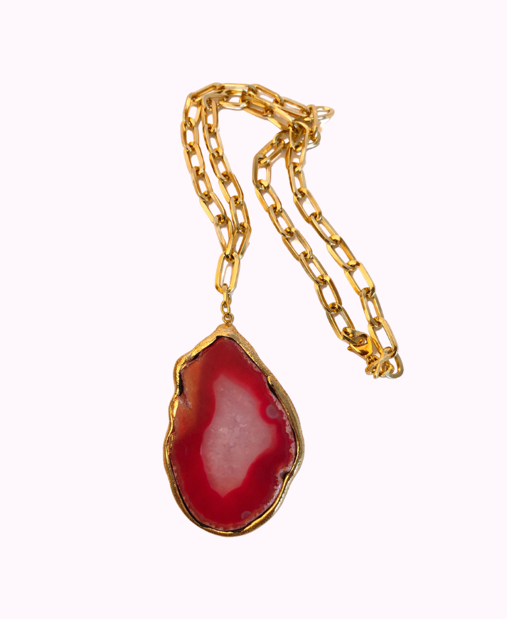 Collana con Pendente di Agata e Catena in Acciaio Dorata