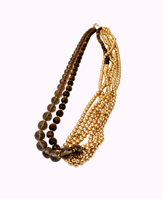 Collana Lunga Intrecciata con Occhio di Tigre, Cristalli ed Ematite