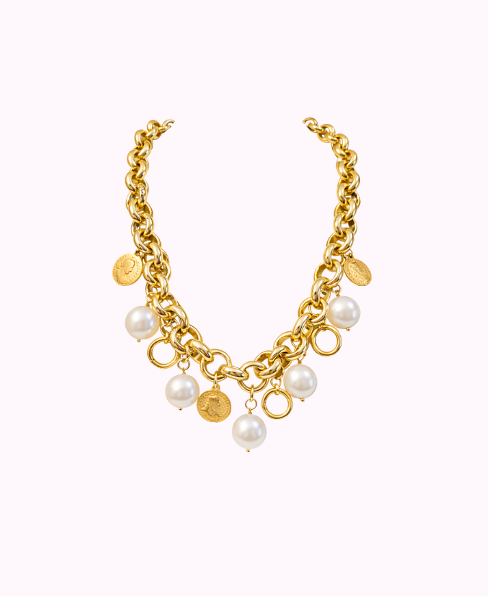Bracciale Catena Dorata con Perle e Charms Moneta