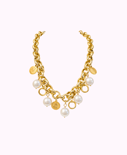 Bracciale Catena Dorata con Perle e Charms Moneta