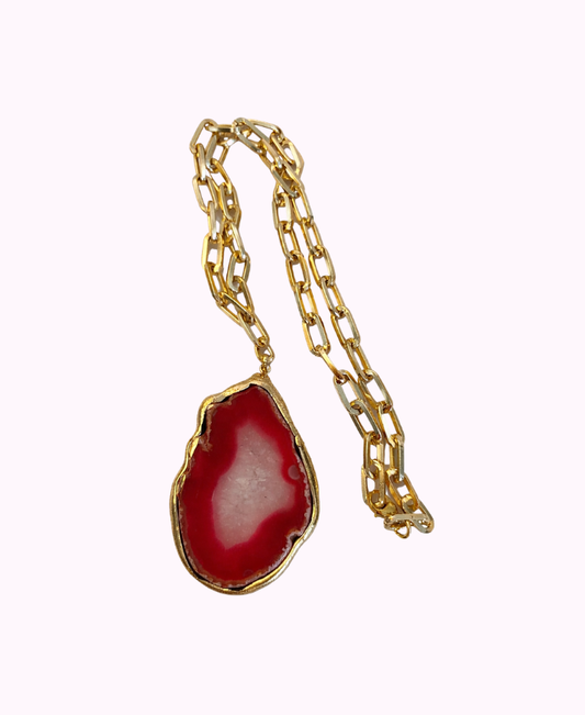 Collana con Pendente di Agata e Catena in Acciaio Dorata