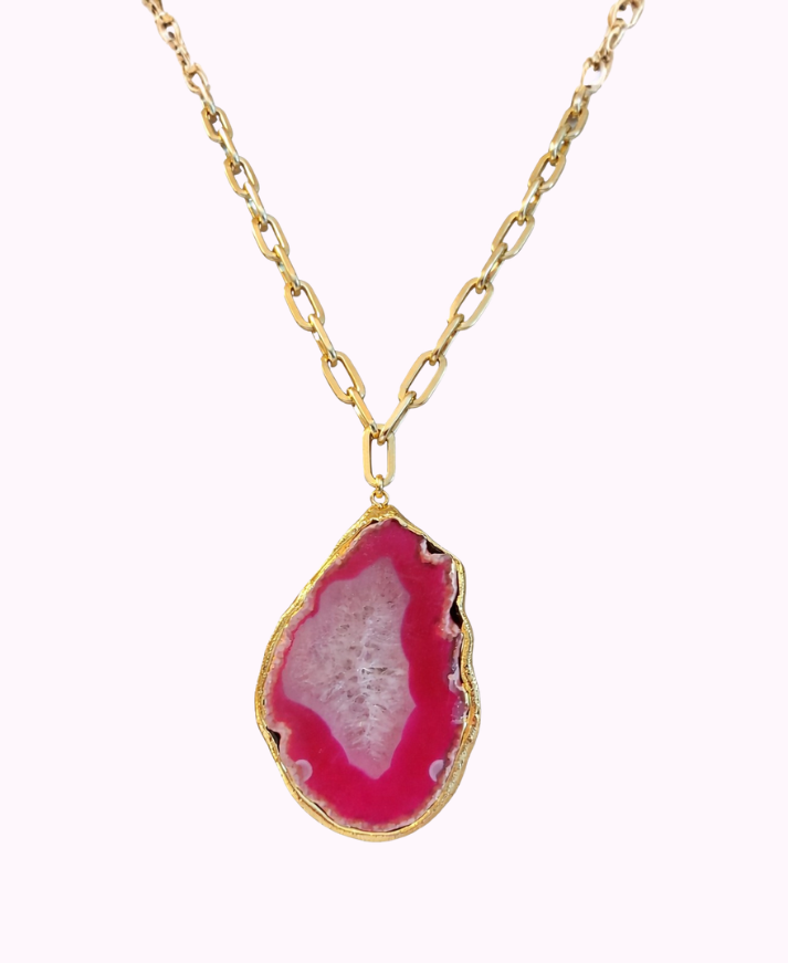 Collana con Pendente di Agata e Catena in Acciaio Dorata