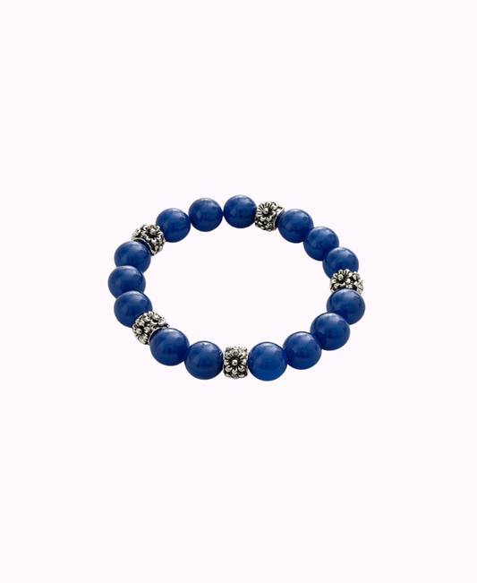 Bracciale Elasticizzato in Resina Vitrea Blu con Elementi in Metallo Placcato Argento