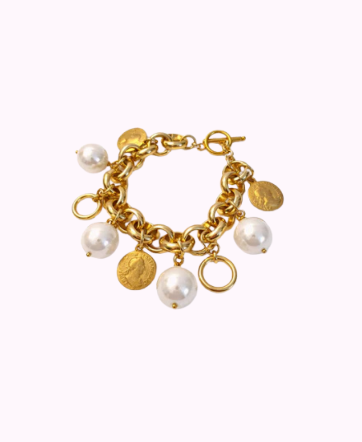 Bracciale Catena Dorata con Perle e Charms Moneta